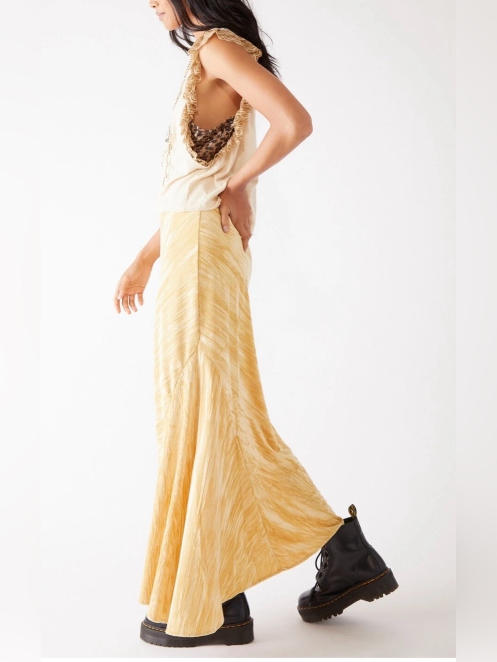 Free People Hay There Noa Velvet Slip Maxi Skirt in a gold yellow - Picture 3 of 9